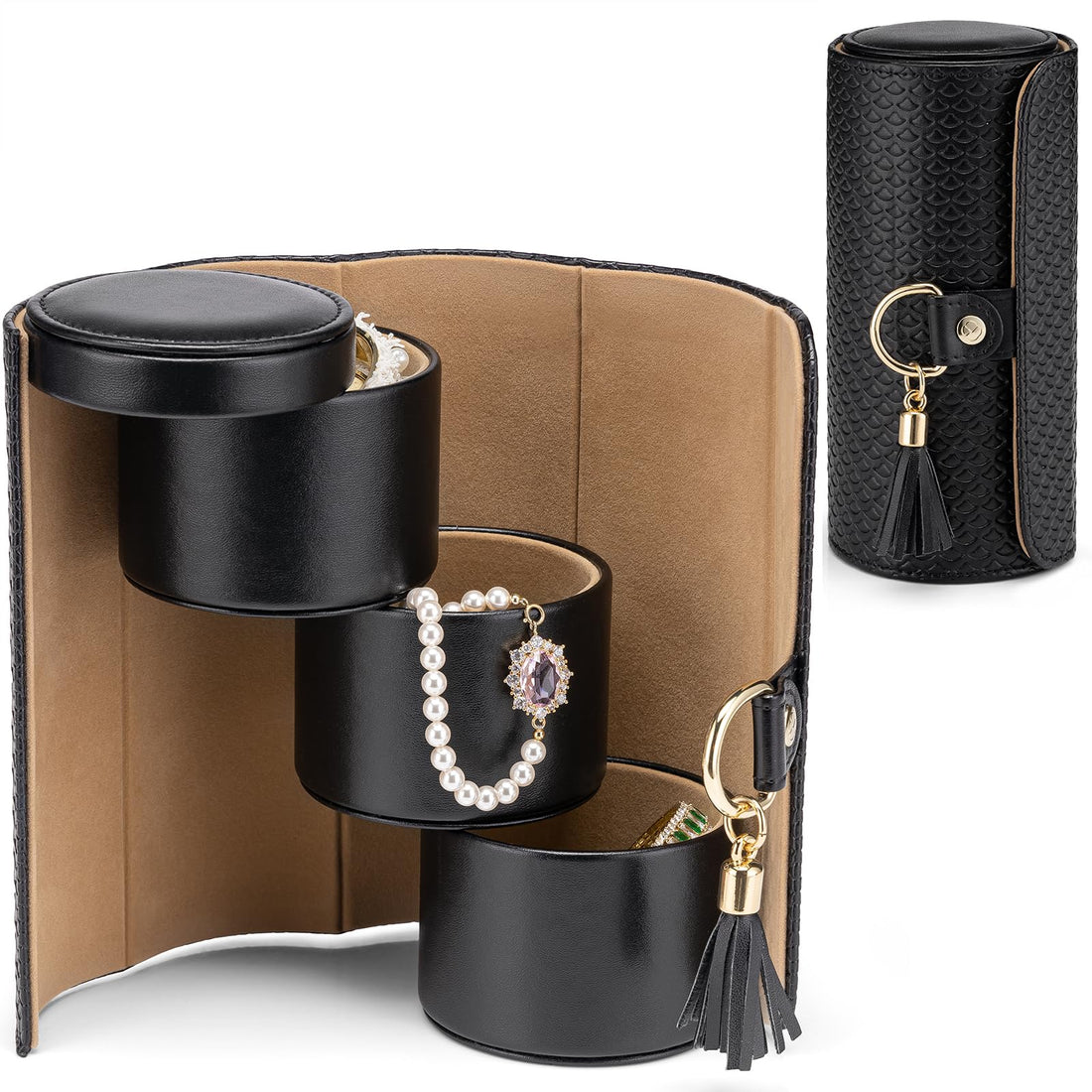 Bukela Jewellery Box Travel Accessory Storage Organizer Roll Small Faux Leather Travel Jewellery Box for Rings, Earring, Necklaces, Black