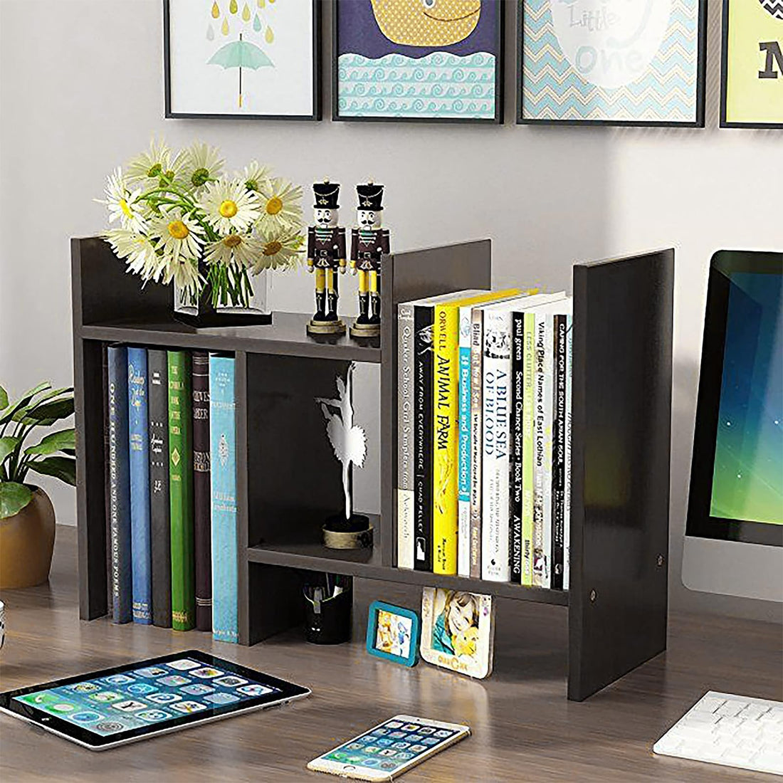Tazweeq Wood Desktop Bookshelf, Expandable Free Standing Bookcase, Desktop Organizer Shelves, Mini Desktop Storage Rack, Book Tower for Books Magazine (Black)