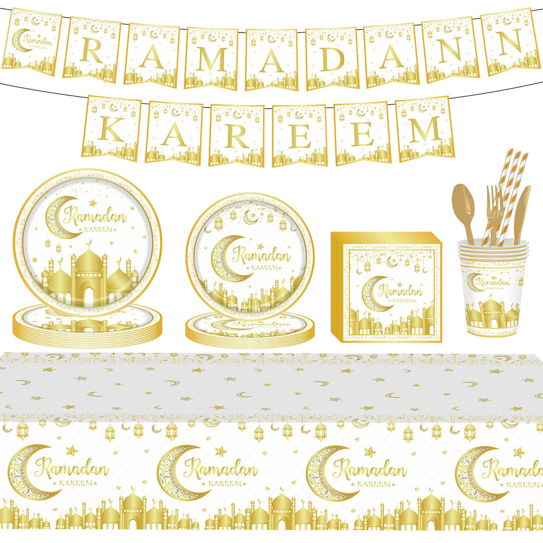 210pcs Eid Mubarak Dinnerware Set 24 Person Ramadan Tableware Set Dinner Plates Cups Disposable Napkins Straws Knives Forks And Spoons Ramadan Tablecloth, Hanging Eid Mubarak Decorations (B1)