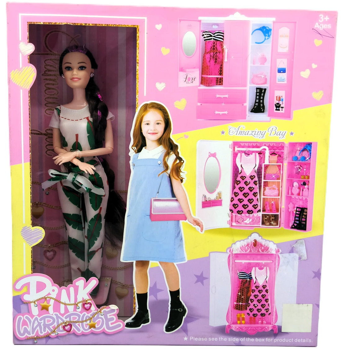 Pink Wardrobe Fashion Doll Toy Figure with Accessories, Plastic, for Girls Ages 3+