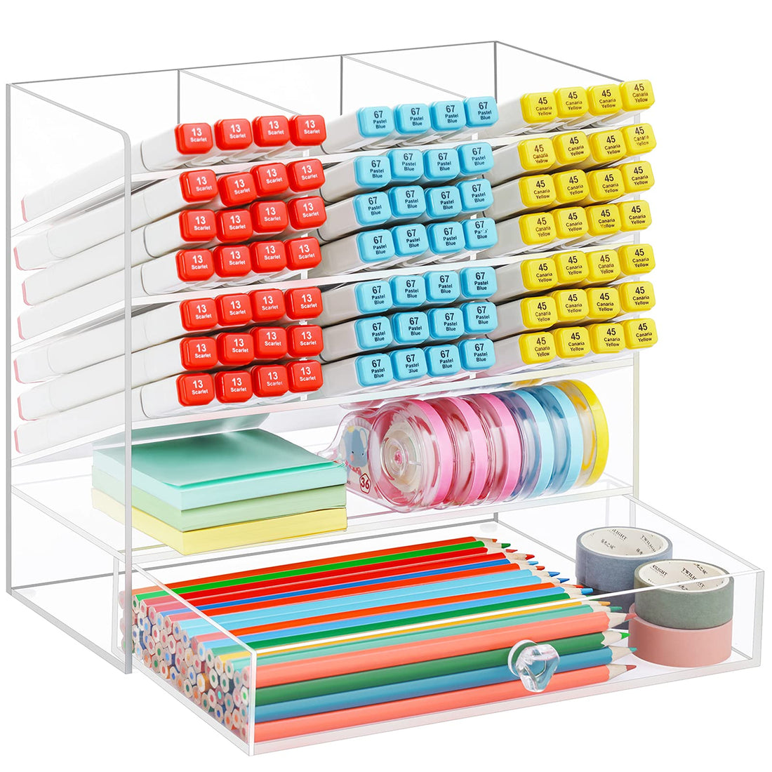 Best Media Clear Acrylic Pen Organizer for Desk, 12-Compartment Desktop Storage Caddy with Integrated Drawer, Multi-functional Holder for Pens, Markers, and Art Supplies for Home and Office