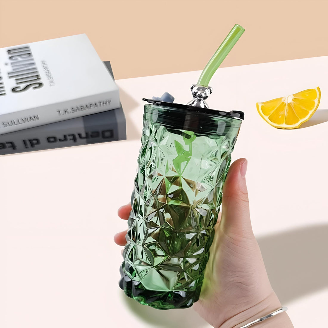 Dollar for Improt Stylish Drinking Glass Cup with Straw for Milk, Juice, Water - Creative Multifunctional High Quality Bottle Suitable for Home, Office, Travel Needs (Green)