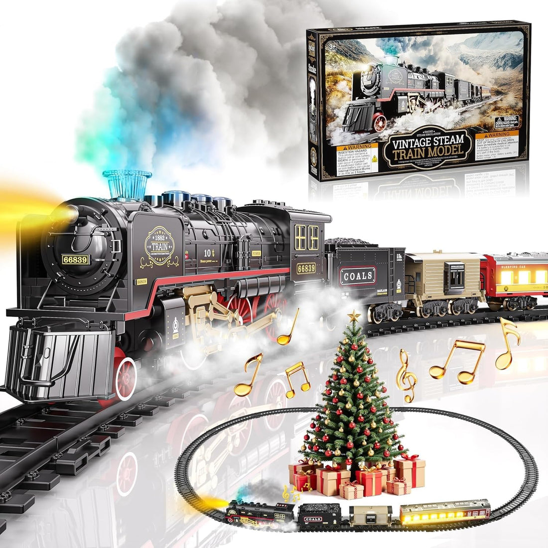 TOYS LAND Electric Train Toy Set for Kids, Steam Smoke with Sound & Light, Glowing Passenger Carriage, Vintage Locomotive Model with Tracks, Birthday Gifts for Toddler Boys Girls Aged 3-12