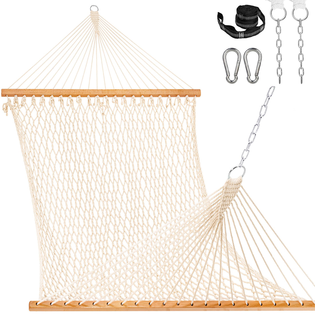 Lazy Daze 13FT Double Rope Hammocks, Traditional Hand Woven Cotton Hammock with Hardwood Spreader Bar for Outdoor, Indoor, Patio, Yard, Poolside for Two Person, Max 450 Lbs, Natural