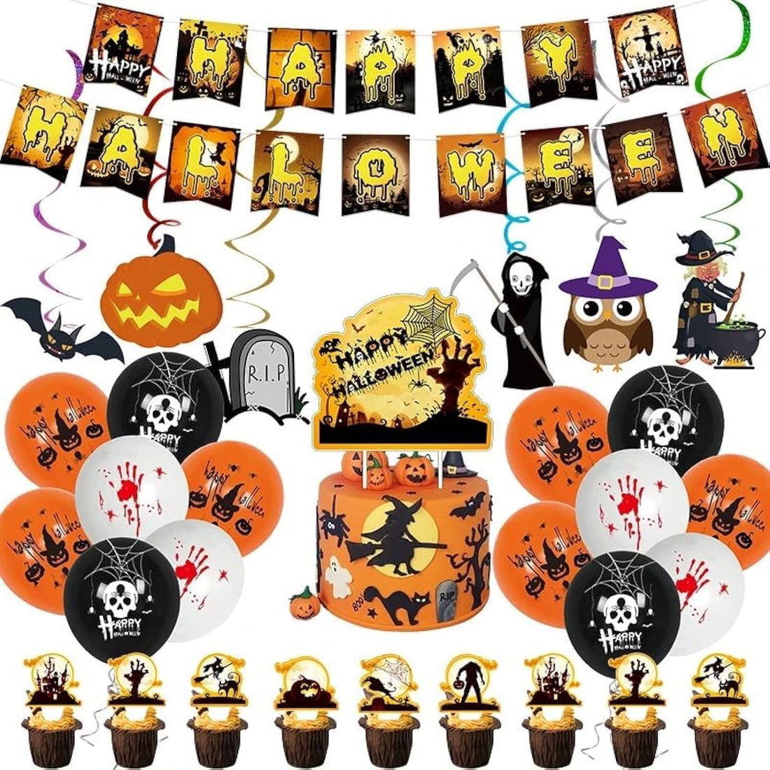 Party Supplies, Halloween Plates, Halloween Plates and Napkins, 56 PCS Disposable Dinnerware Set Includes Paper Plates and toppers Hanging swirls Ballon Halloween Decorations
