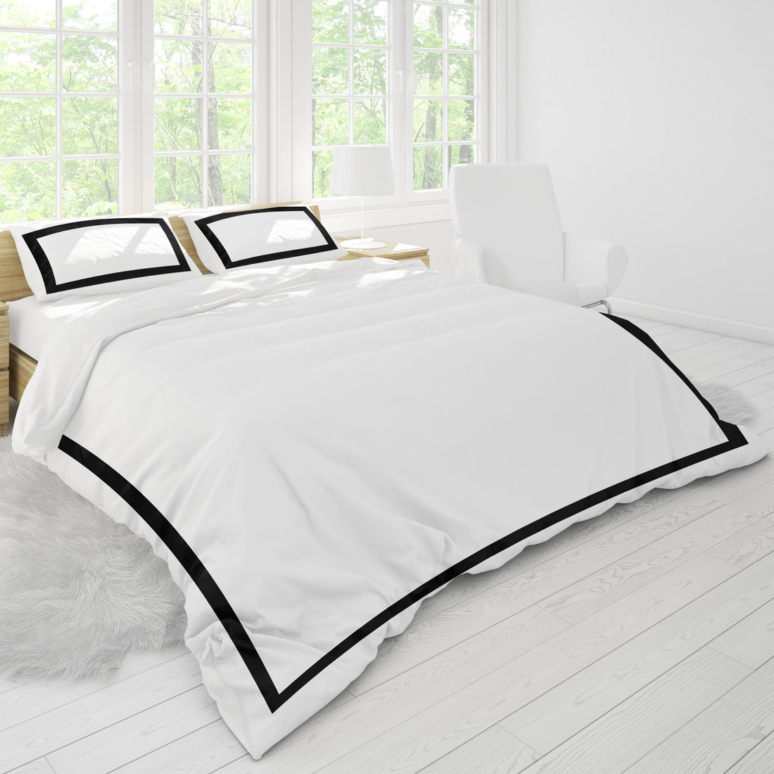 Bed N Home, Decorative Duvet cover set, plain, White, Black Outer Border Design (220x240cm)