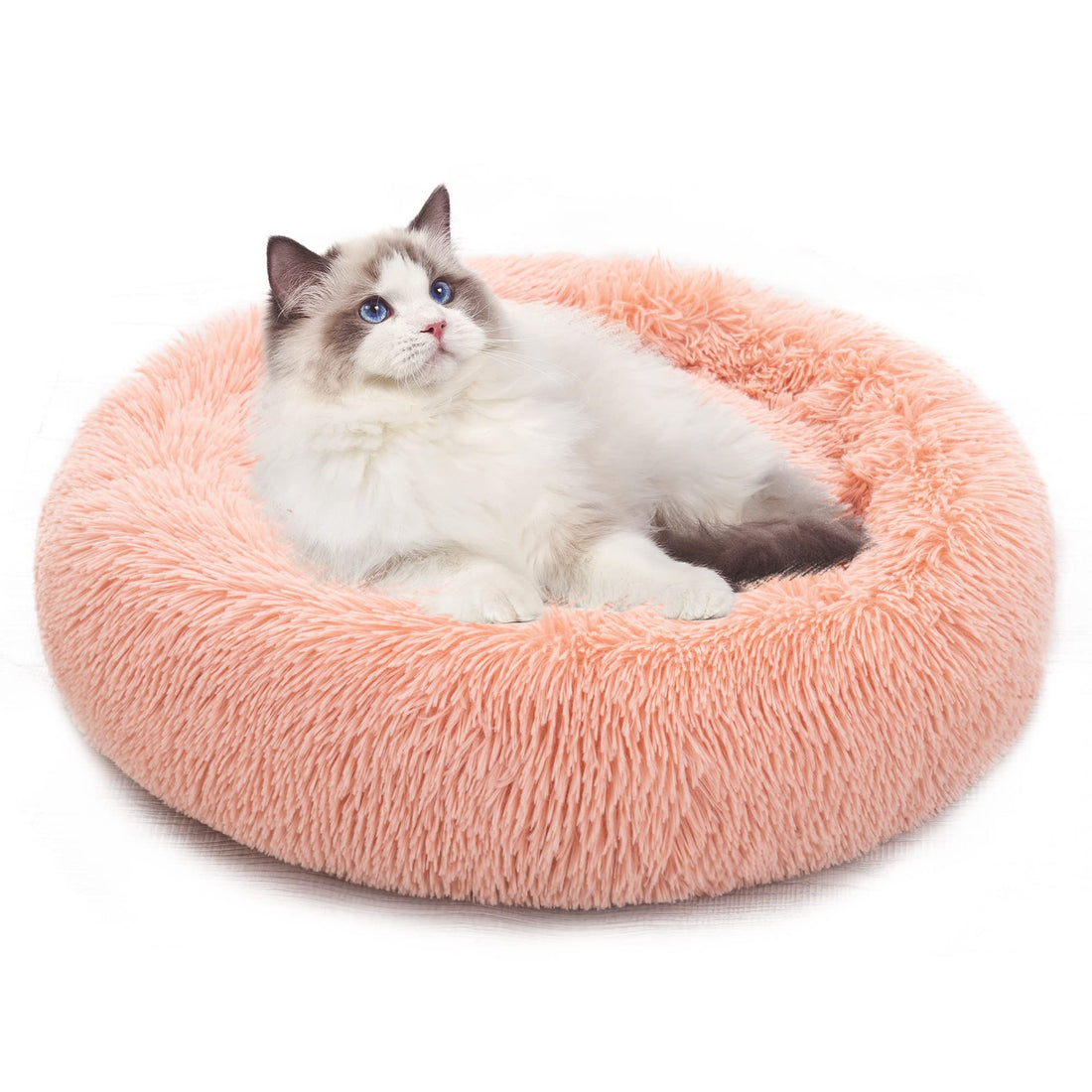 Soft Long Plush Pet Bed, Calming Self-Warming Round Donut Cuddler, Fluffy Dog Cat Cushion Bed with Anti-Slip & Waterproof Bottom (20", Pink)