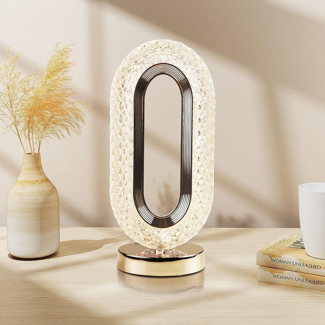 Crystal Luminous Desk Lamp (USB Rechargeable Crystal Clear Acrylic Diamond Lamp Portable Touch Control 3 Temperature Modes Food for Home Restaurant Oval Multicolor)