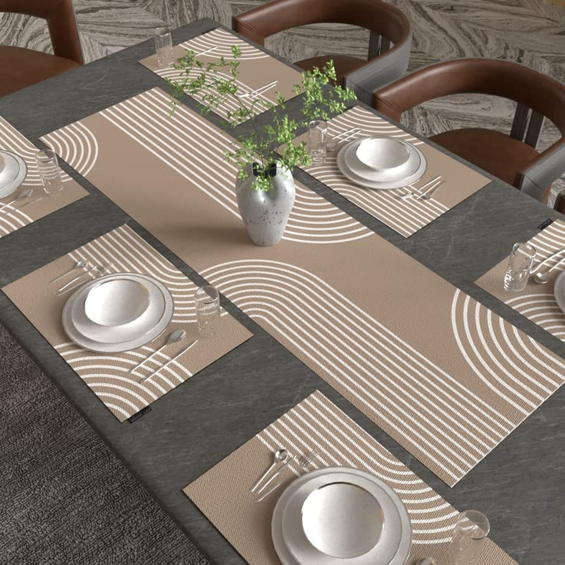 ART MOOD HOME Lynn Leaf Placemats Set Canvas Multi Color 45W x 30L 35W x 140L CM