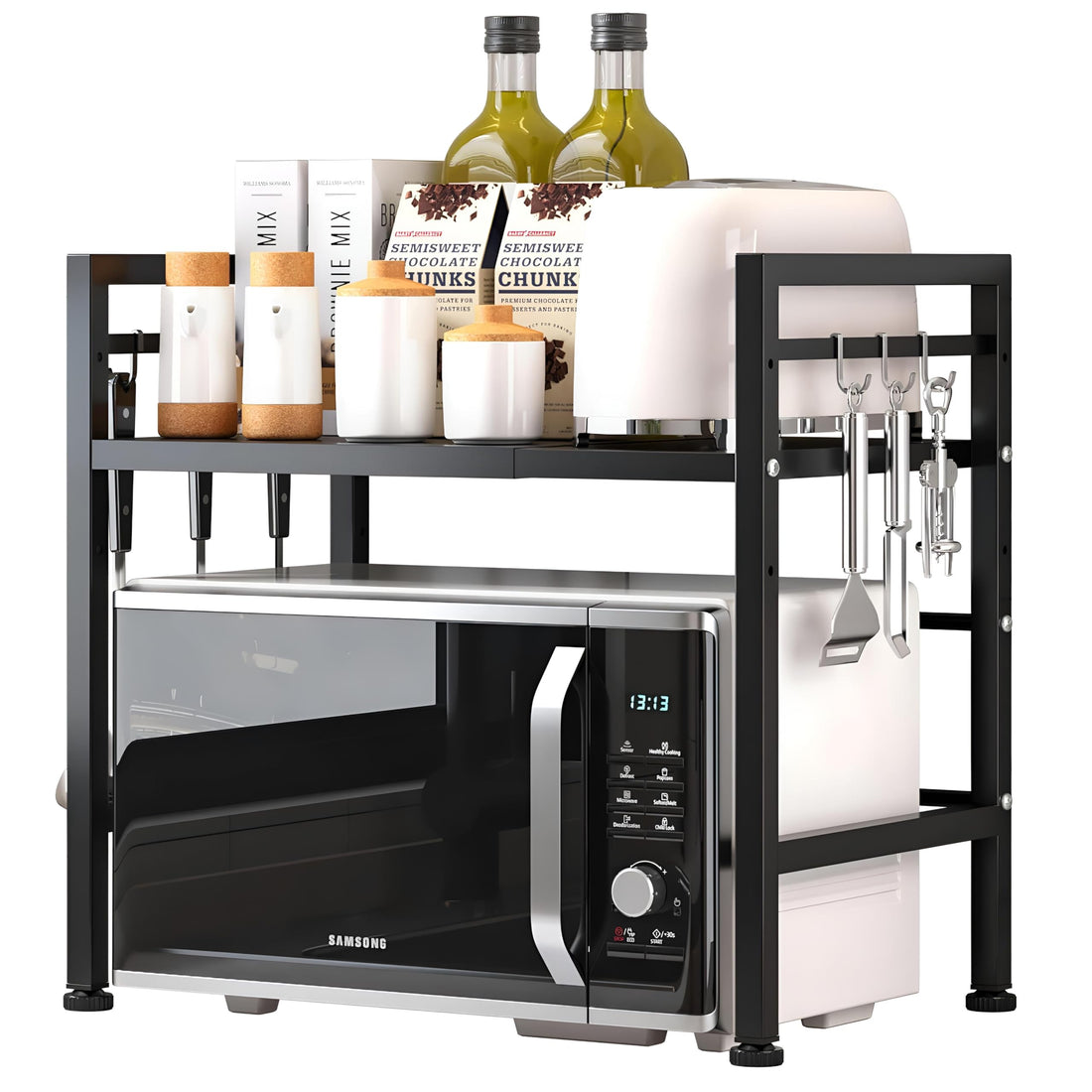 Appliance Shelf - Modern Black Double-Layer Storage Unit for Microwave Oven, Retractable Kitchen Counter Rack for Rice Cooker, Enhances Organization and Saves Valuable Counter Space