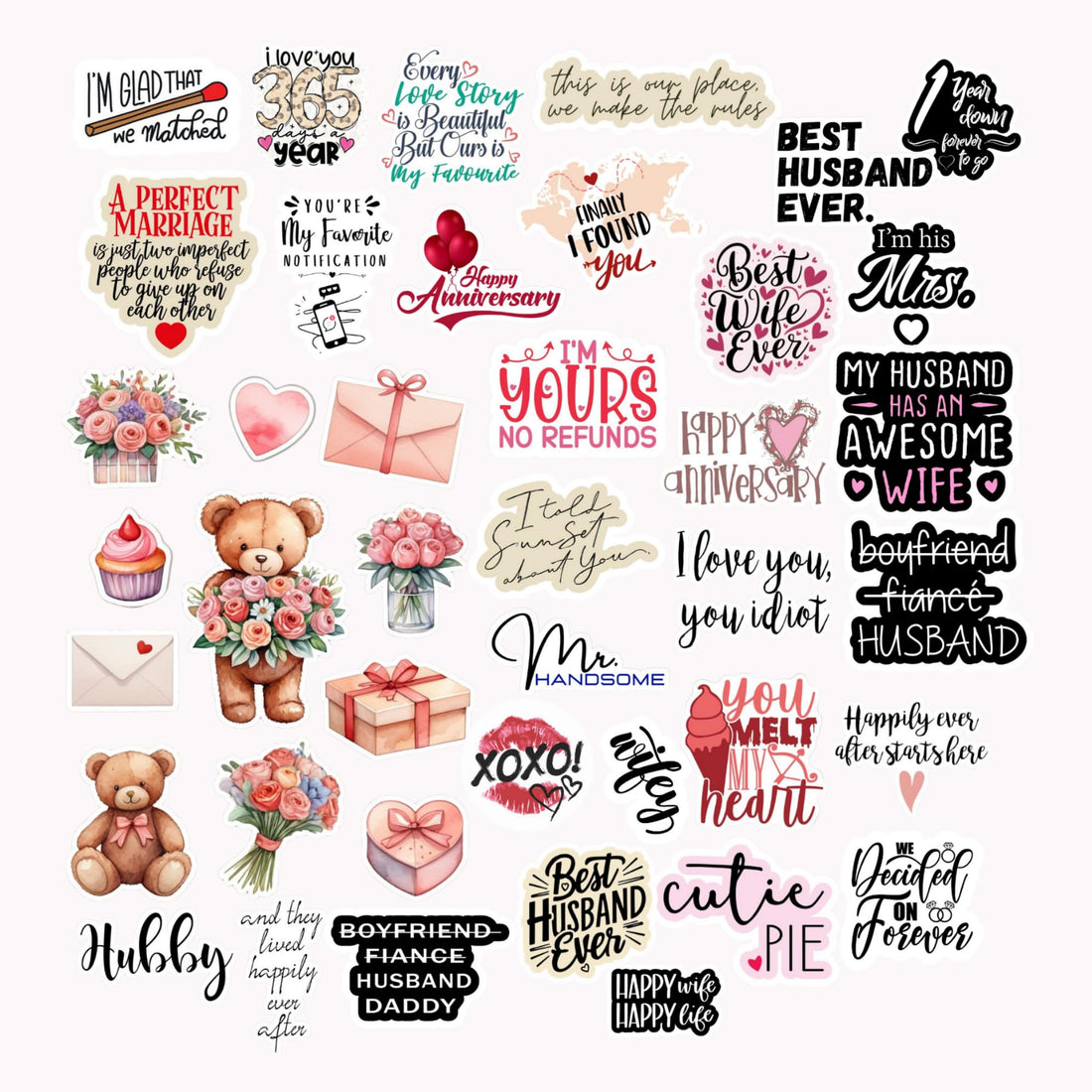 Scentiment 41 Pcs Romantic Couple Stickers Pack – Anniversary, Love Quotes, Cute Gifts, Flowers & Couple Humor Vinyl Decals – Waterproof Stickers for Journals, Scrapbooks, Gifts & Laptops