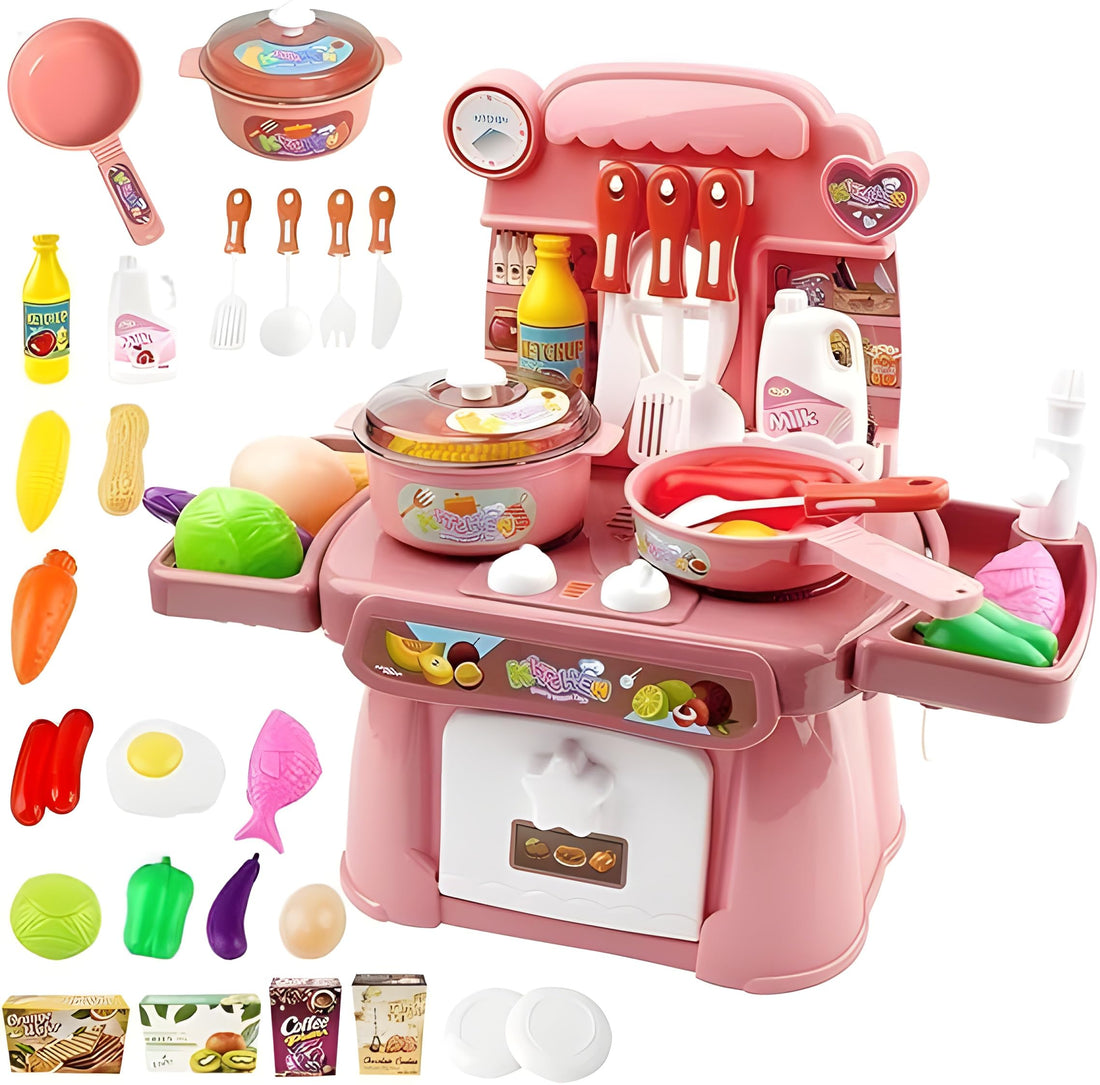 Next Store Pretend Kitchen Toys, Chef Toy with Light and Music, Safe and Cute Dinner Set Toy for Girls, Fun Gift Toy for Kids, Kitchen and Sink Toy with Running Water and Induction Stove (Red)