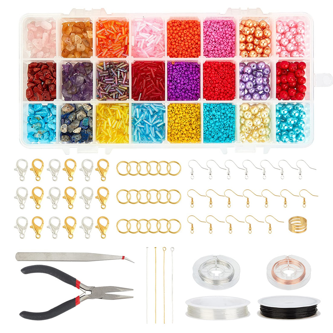 NBEADS 2400 Pcs Mixed Stone Beads Kits, with Earring Hooks Spacer Beads Pendants Charms Jump Rings for DIY Jewelry Necklace Bracelet Earring Making Supplies