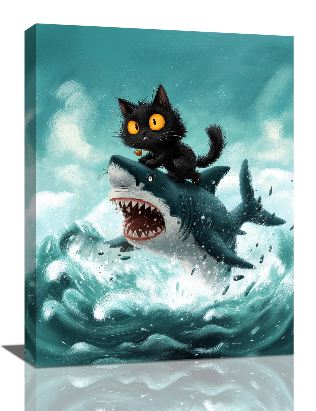 Funny Black Cat Bathroom Wall Art Cute Cat Riding Shark Canvas Wall Decor Animal Kitten Pictures Painting Print Artwork Framed Decorations Gifts for Cat Lover Kids Room Bedroom 12"x16"