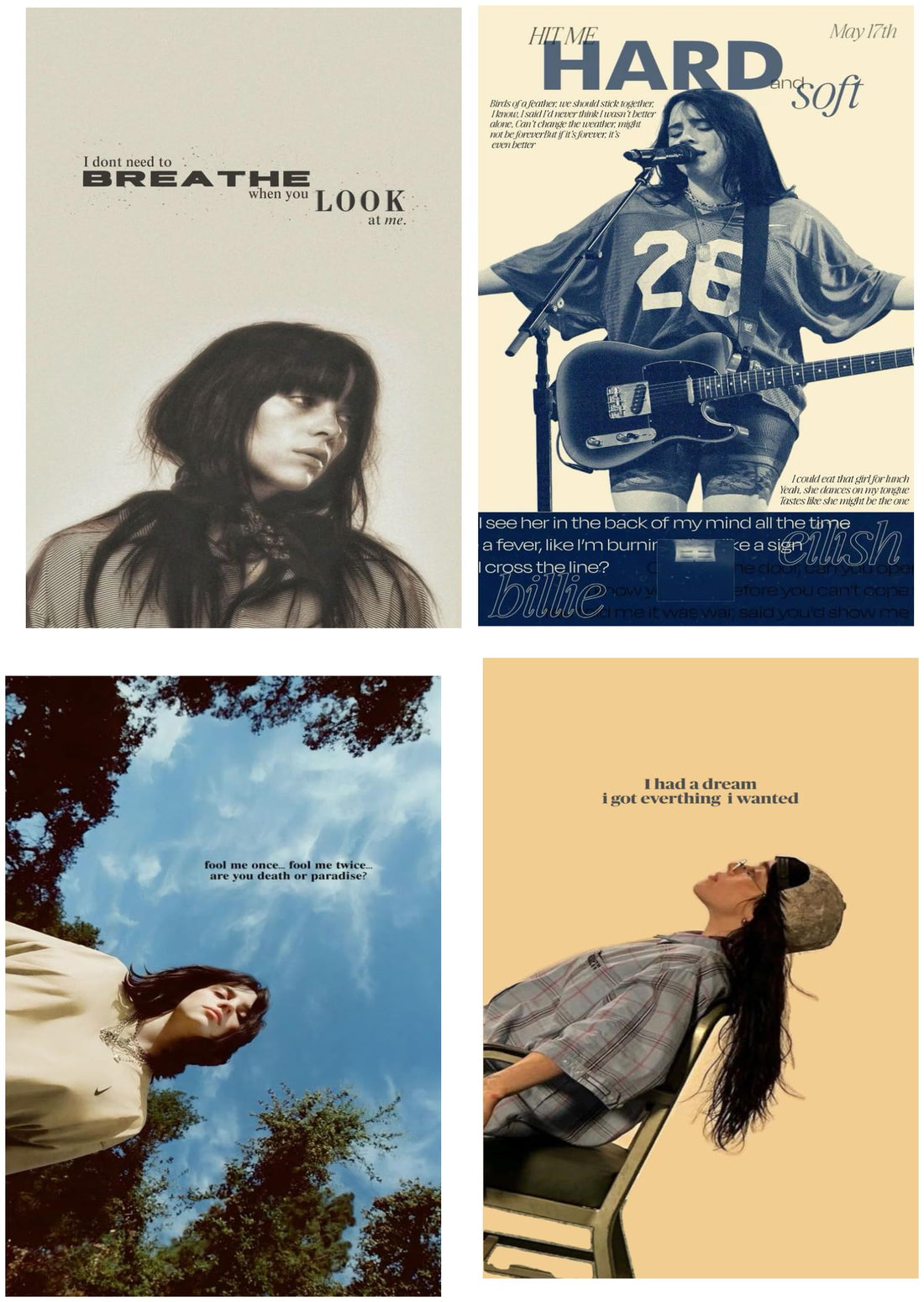 4 Pieces Poster Wall Art Posters for Room Decor Print High Style Billie Eilish Her Songs (20x30cm No Frame)