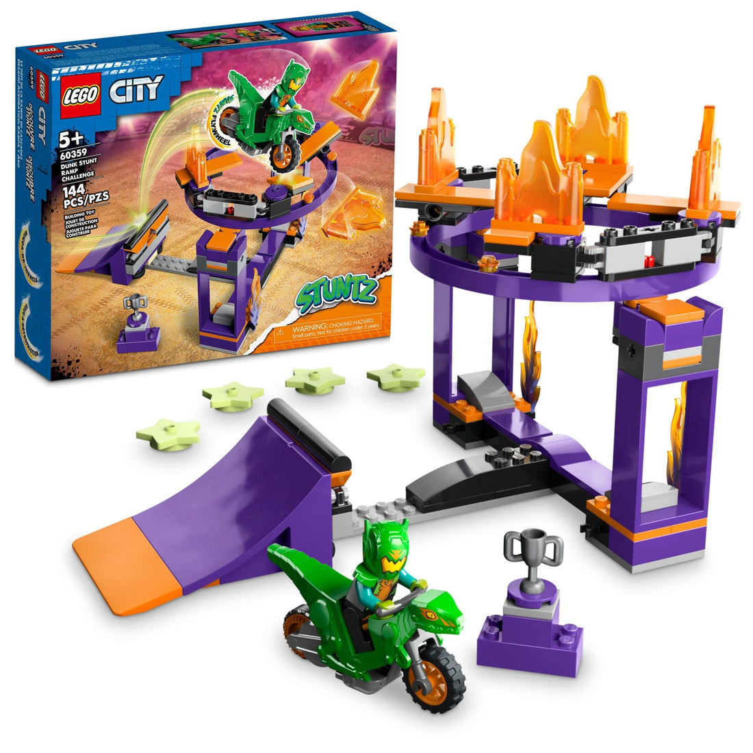 LEGO 60359 City Stuntz Dunk Stunt Ramp Challenge 2in1 Action Set with Self-Driving Dinosaur Motorbike Toy and Stunt Rider, Birthday Gift Idea for Kids, Boys, Girls 5 Plus Years Old