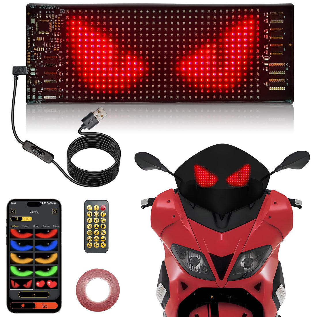 1PCS 6.81inx2.75in Devil Eyes Light for Cars,Programmable Flexible LED Display with Remote/App Control,Soft Screen for Car LED Lights Interior, Devil Eyes for Car Windshield