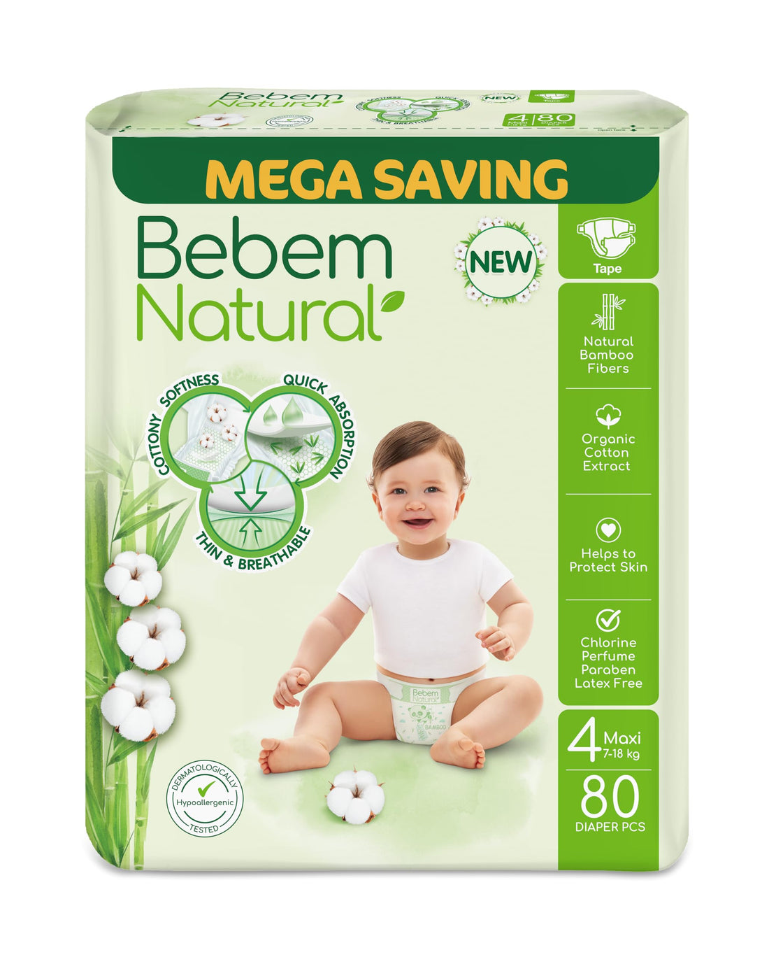 Bebem Natural - Baby Diapers - Mega Pack - Maxi Size 4 - 80 Pieces