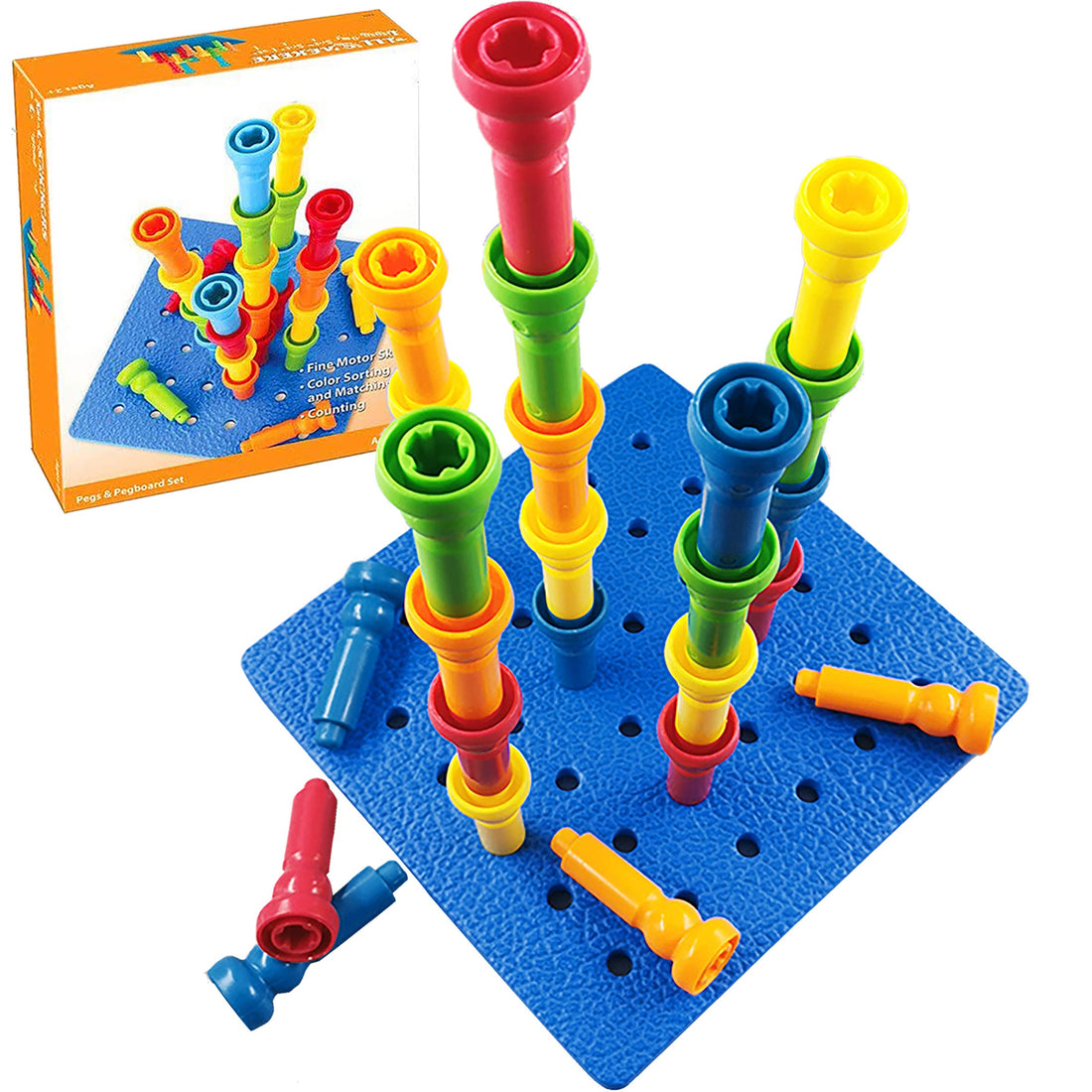 Peg Board Set Toys-Montessori Occupational Therapy Fine Motor Skills Toy, Suitable for Toddlers and Preschoolers Over 3+ Year Old. 25 Tall-Stacker Pegs Rubber 8" Pegboard