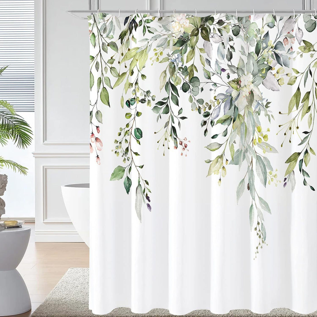 Sage Green Floral Shower Curtain, Watercolor Plant Eucalyptus Leaves Fabric Shower Curtain Spring Summer 56x72