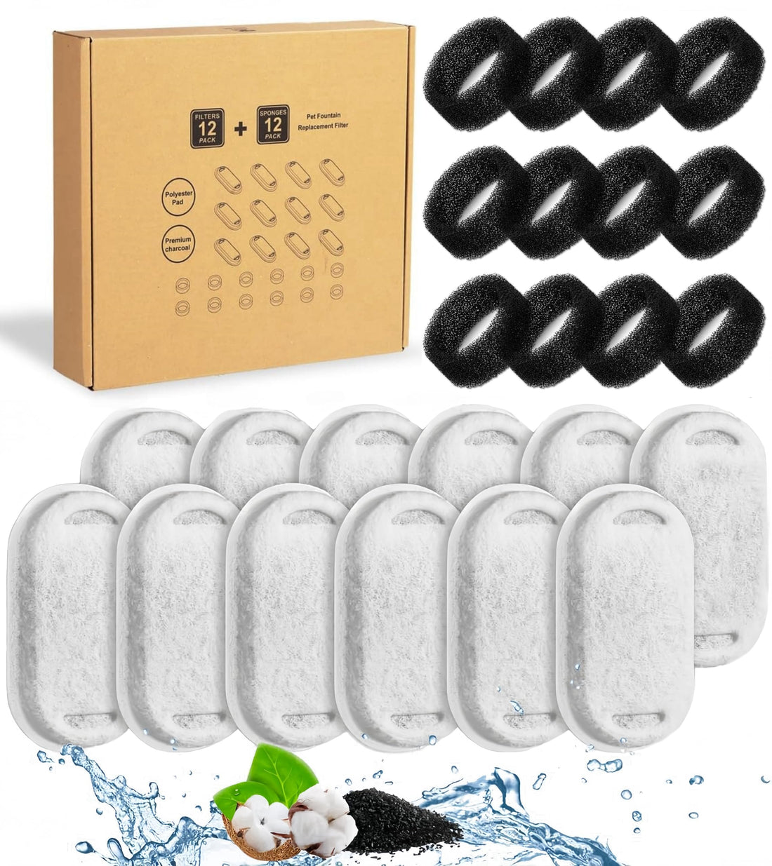 Cat Water Fountain Filters, 24 Pack Pet Fountain Filter Replacement,12 Pieces Carbon Filters and 12 Pieces Foam Filter,Cat Fountain Filter, for 67oz/2L/3.2L Stainless Steel Pet Water Fountain
