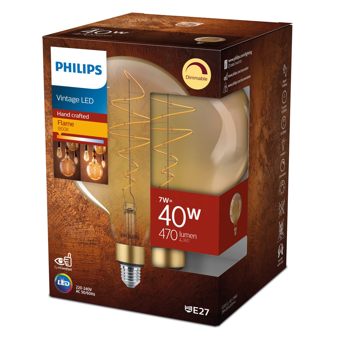 Philips Filament LED Bulb 7W Equivalent 40W, Warm E27 G200 GOLD DIM