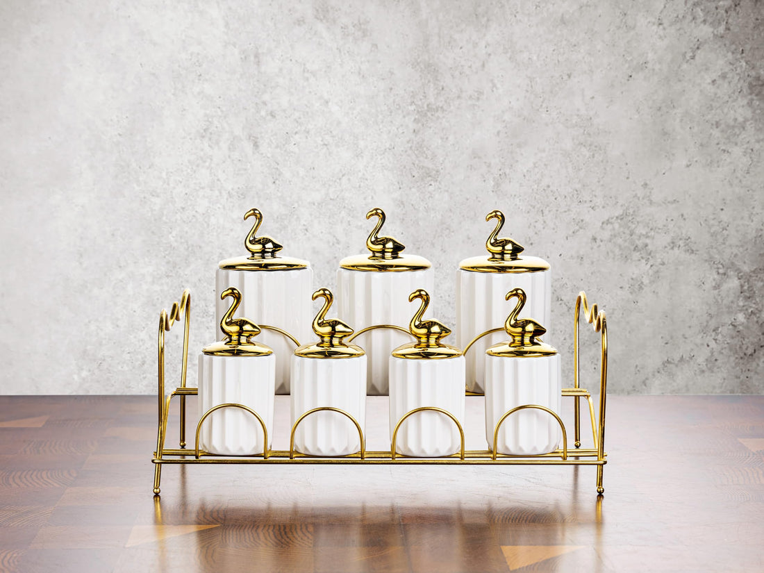 Lotus Porcelain Flamingo Spice Set 8 (4 Small Spice Pieces + 3 Large Pieces + 1 Piece Stainless Holder) 7013#1