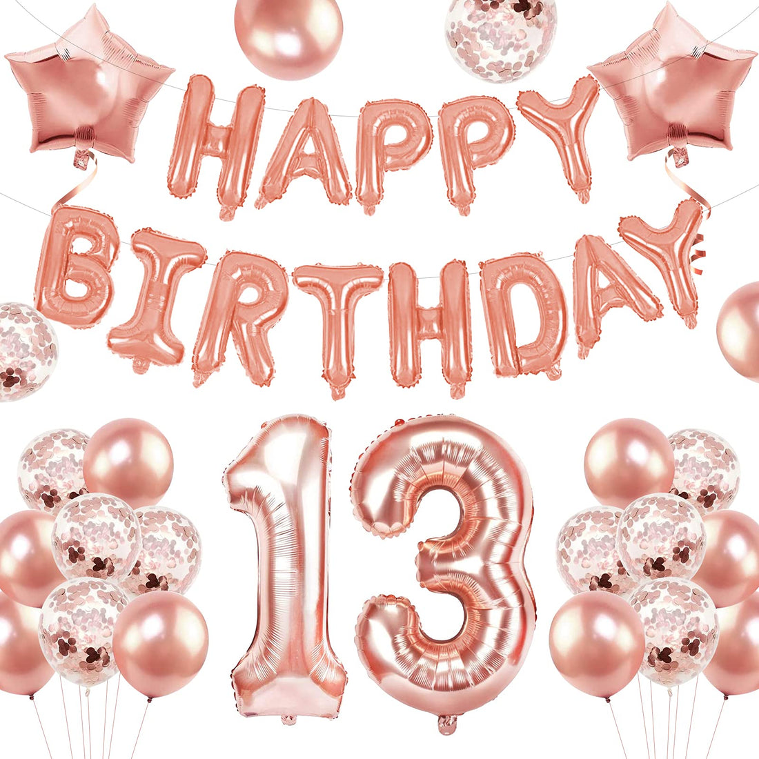 Birthday Decoration Rose Gold, 13. Birthday Decoration Rose Gold for Girls, Foil Balloons Happy Birthday Banner, Balloons Number 13, Confetti Balloon for 13 Years Old Girl Birthday Party Decoration