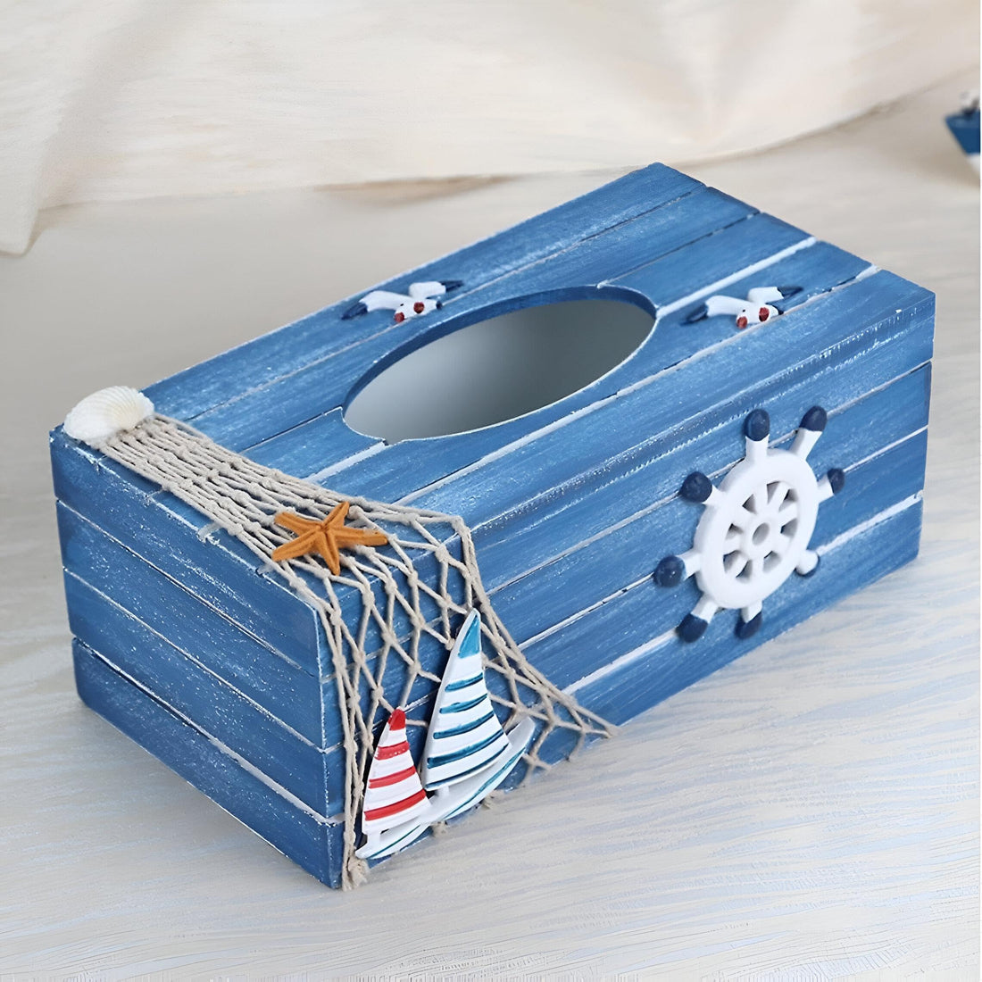 Beach - Wooden nautical tissue box cover with anchor and starfish patterns that transform a simple accessory into a coastal inspired bathroom décor piece with relaxing vibes (Option 5)