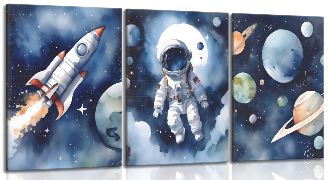 3Pcs Nursery Astronaut Wall Art Kids Space Planets Theme Canvas Painting Rocket Spaceman Wall Decor Explore Dream Galaxy Poster Prints Funny Outer Space Picture for Boys child Bedroom Living Framed