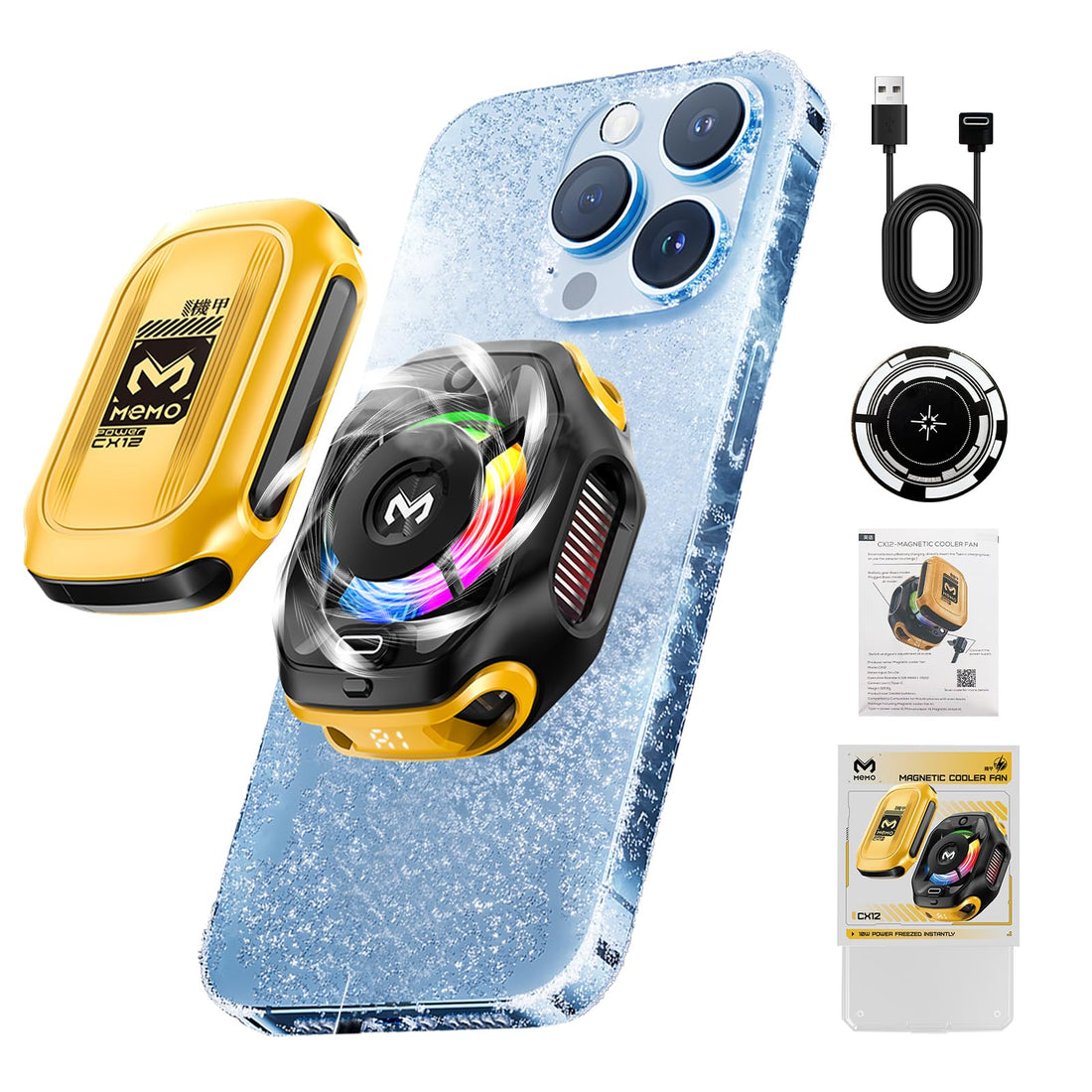 auvstar Mobile Phone Cooler with 2000 mAh Rechargeable Battery, Phone Cooler RGB, 2 Levels, Mobile Phone Cooler for iPhone/Android Phones, Semiconductor Cooling, with Temperature Display and Magnetic