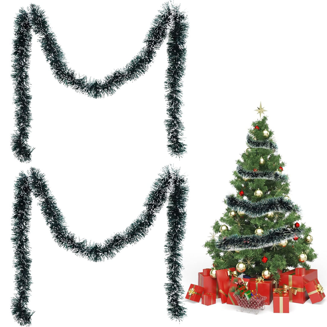 Rowwait 4M Christmas tinsel garland, Shiny Garland Metallic Christmas Tree Garland Tinsel Garlands Xmas Tree Garland Hanging Decorations for Home Office Xmas Party Christmas Tree Decorations