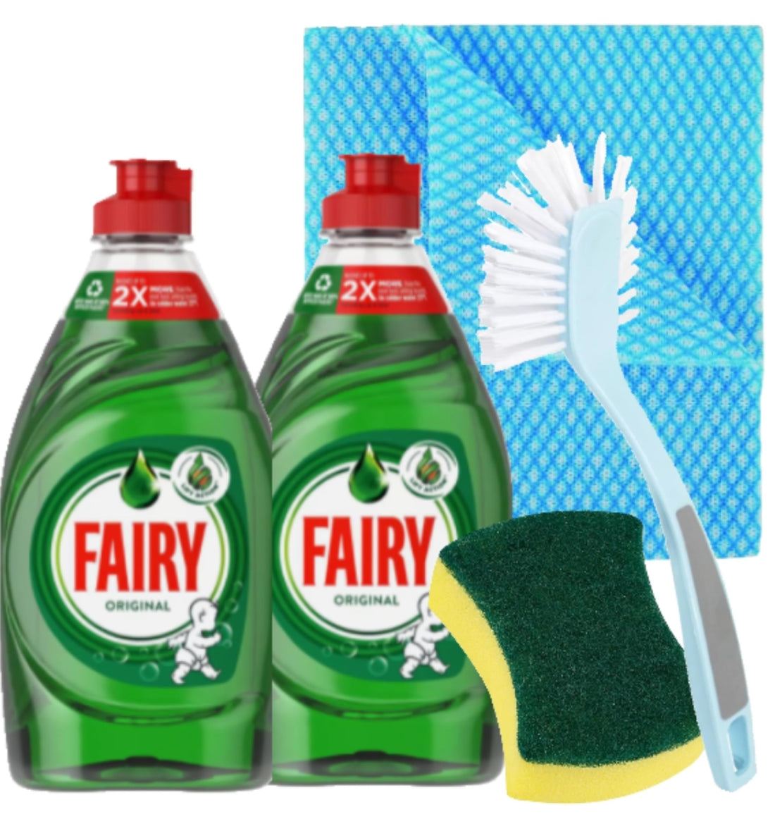 Fairy Washing-Up Liquid Bundle: 2 x Original Fairy Washing Liquid 320ml, 1 x Sponge Scourer, 1 x Dish Cleaning Brush, 2 x Dish Cloth - The Ultimate Fairy Dishwashing Liquid Bundle