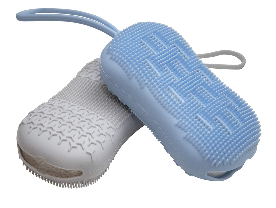 Serenity Select 2 Exfoliating Silicone Body Sponges, Double-Sided Bath or Shower Body Brush, Silicon Loofah/Built-in Sponge – Cleans & Stimulates Circulation. Christmas Stocking, Hanukkah- Blue/Gray