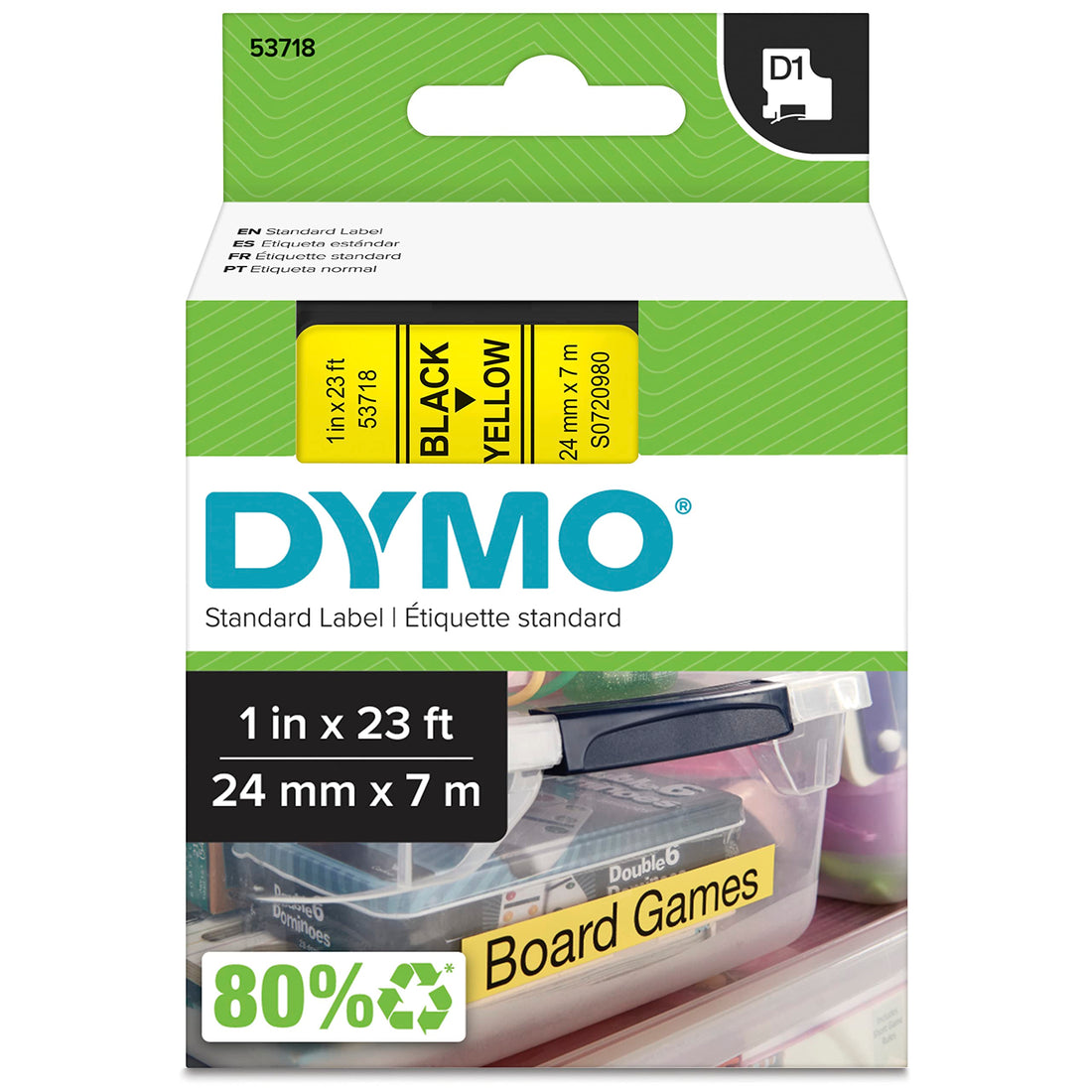 DYMO Standard D1 Labeling Tape for LabelManager Label Makers, Black print on Yellow tape, 1" W X 23' L, 1 cartridge (53718), DYMO Authentic