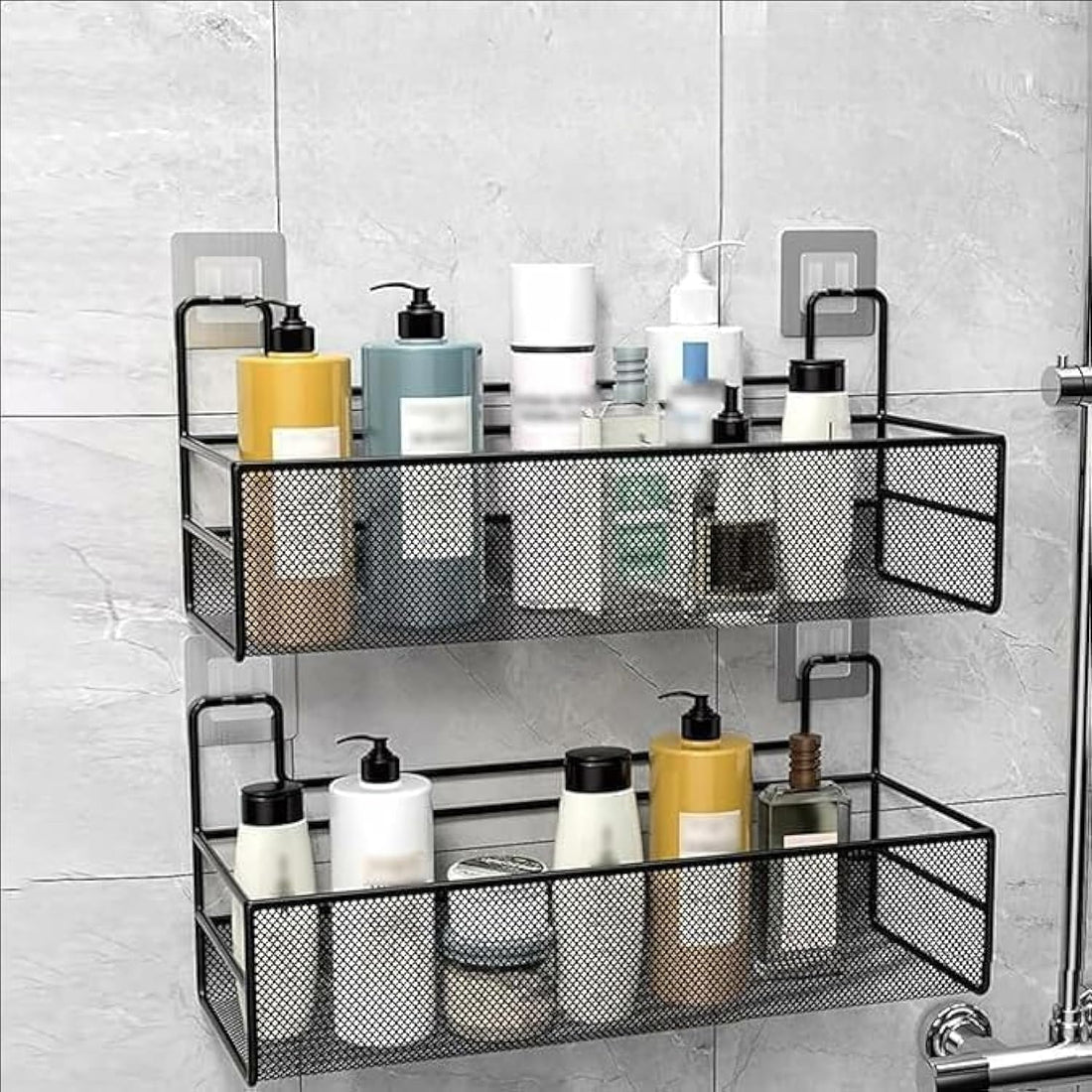 Adhesive Wall Mounted Metal Mesh Storage Shelf, Hanging Organizer Shelf with Shampoo Basket and Holder, for Bathroom, Kitchen, Garage with 2 Adhesive Hooks, Black, Industrial