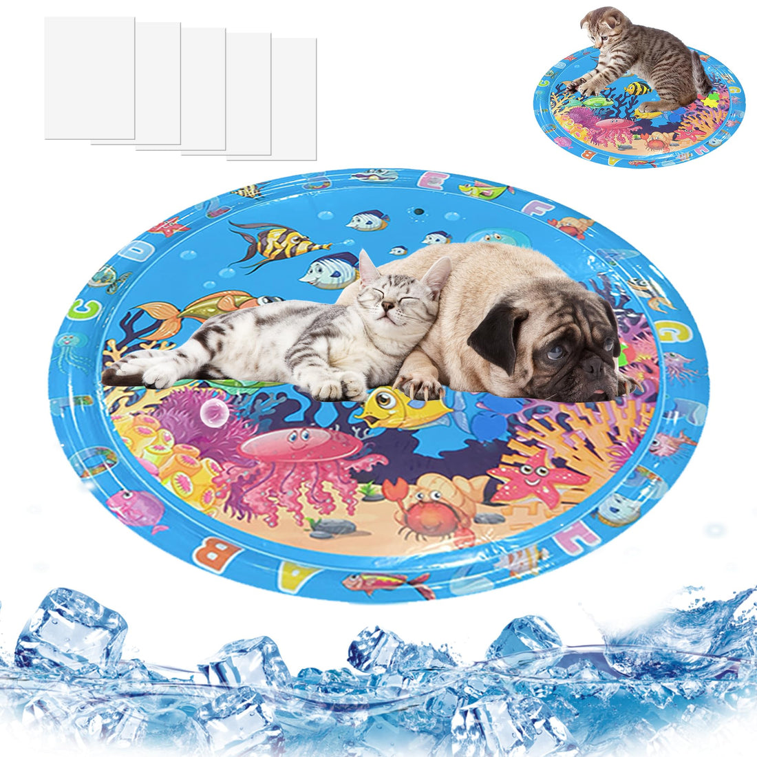 Thickened Sensory Water Playmat for Cats Dogs, Water Summer Cat Dog Water Matt, Cooling Mat for Pet, Cat Toys Water Sensory Playmat with Fish for Pet Play (Round(100cm))