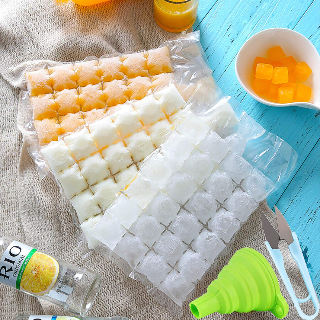 Generic 50PCS Disposable Ice Cube Bags (1200 Ice Cubes) Stackable Easy Release Ice Cube Mold Trays with Folding Funnel and U-Shaped Scissors Random Color for Cocktail Food Wine Homemade Drink