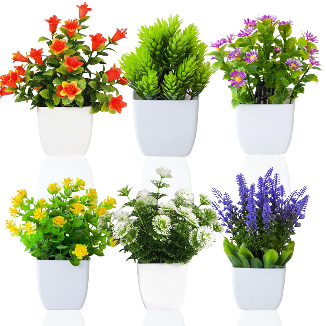 6 Pack Small Artificial Flowers in Pots, Mini Fake Plants Potted Indoor/Outdoor Artificial Plants Plastic Faux Plants Pot for Home, Office, shelf,Table,Garden Decor