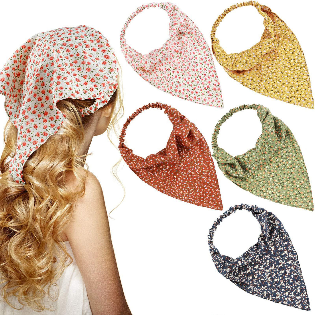 Bukela 5PCS Floral Elastic Hair Scarf, Chiffon Turban Headband with Clips, Boho Style Bandana for Women & Girls (5 Colors)