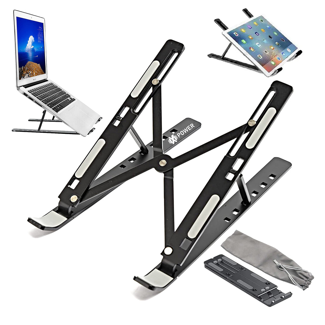 XPOWER® Aluminium Laptop Stand for Desk, 6 levels Adjustable Portable Aluminum Laptop Holder, Anti Slip Laptop Riser Compatible with MacBook Pro Air, Dell, Asus, HP & Asus Laptops from 10-15.6” Black