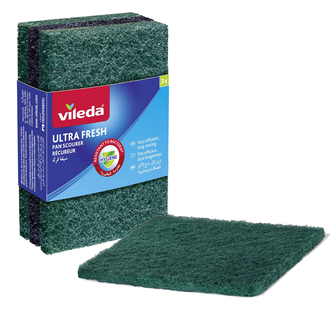 Vileda Ultra Fresh pan scourer | Highly hygienic |Green abrasive surface | Excellent cleaning power | Antibacterial treatment | Removes dirt without effort |