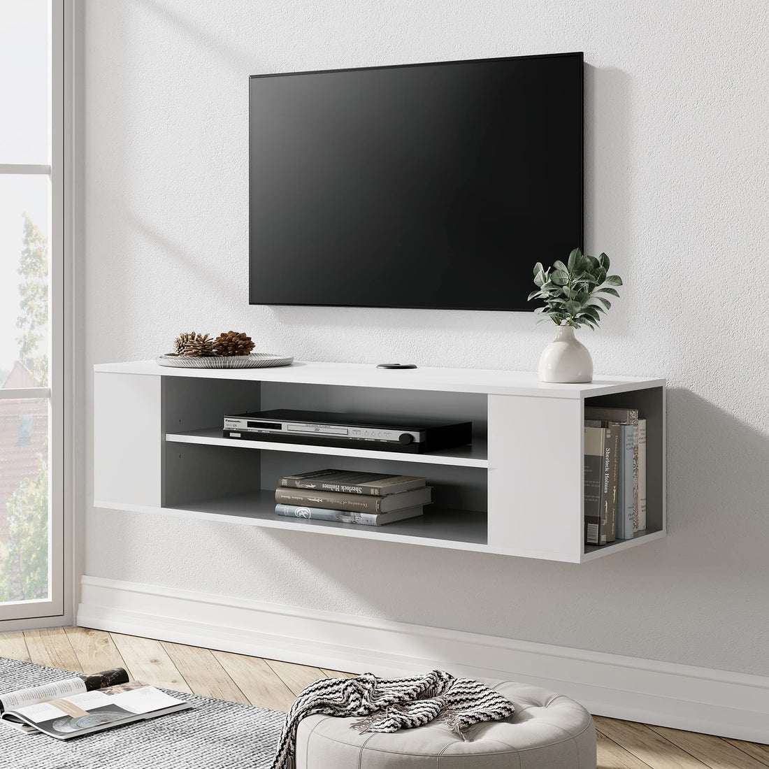 WAMPAT White Floating TV Stand Wall Mounted Shelf Entertainment Center Wood Media Console Storage TV Cabinet Hutch Under TV Desk for Living Room,White,39 Inch