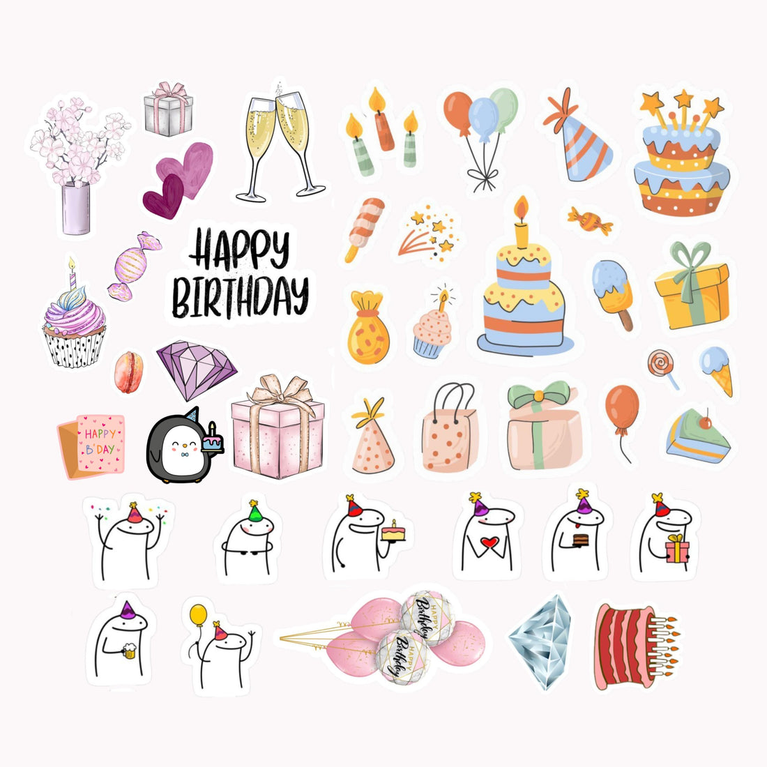 Scentiment 37 Pcs Happy Birthday Stickers Pack – Cute Celebration Vinyl Decals with Cakes, Balloons, Gifts, Candles & Party Characters – Waterproof Stickers for Cards, Journals, Laptops & Decor