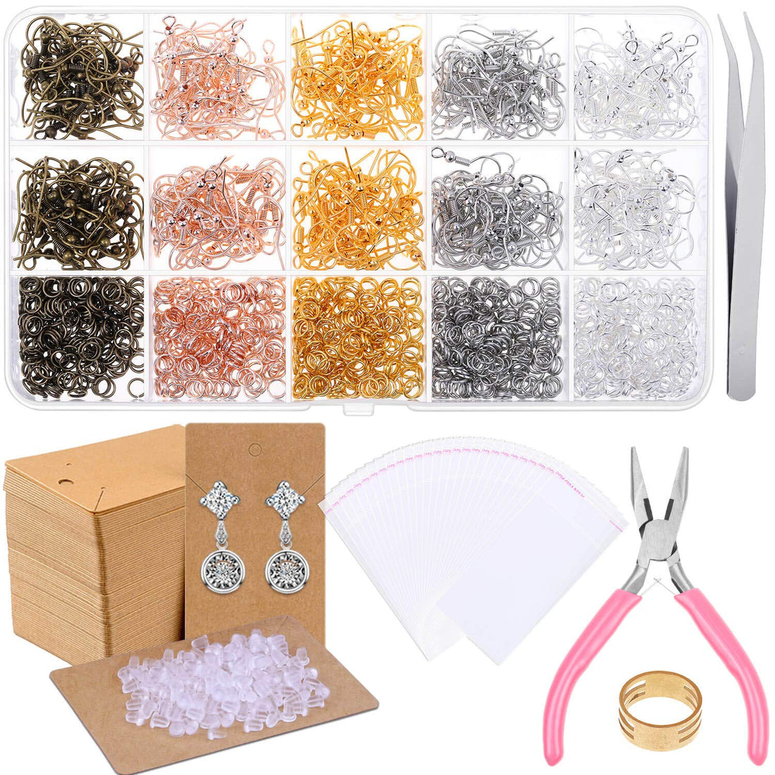PAXCOO Fish Hook Earrings for Jewelry Making, 2200pcs Earring Making Supplies Kit with Earring Hooks, Jump Rings, Pliers, Earring Backs and Cards for DIY Earring Supplies and Earring Findings