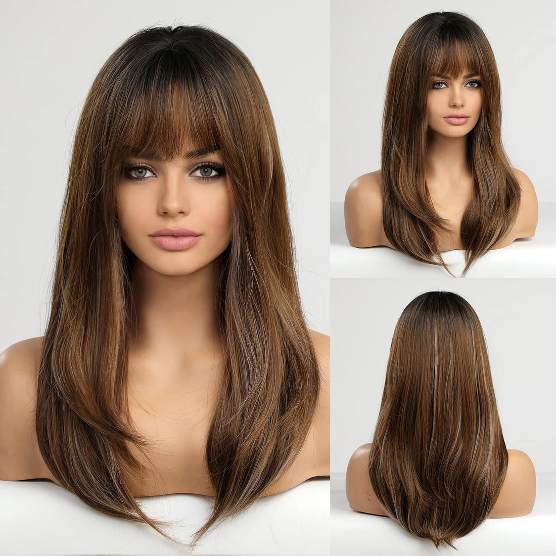 ECIF Long Brown With Dark Roots Wigs For Women, Synthetic Hair Wig With Neat Bangs For White Women
