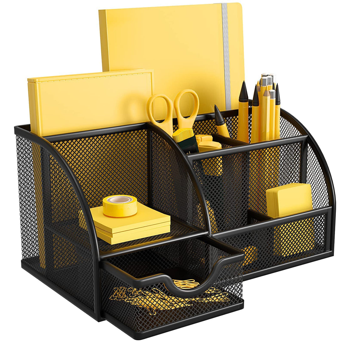 BONITA Mesh Desk Organizer Office Supplies Multi-Functional Caddy Pen Holder Stationery Organizer for Office, Home, School, Classroom (6 Compartments and 1 Drawer)