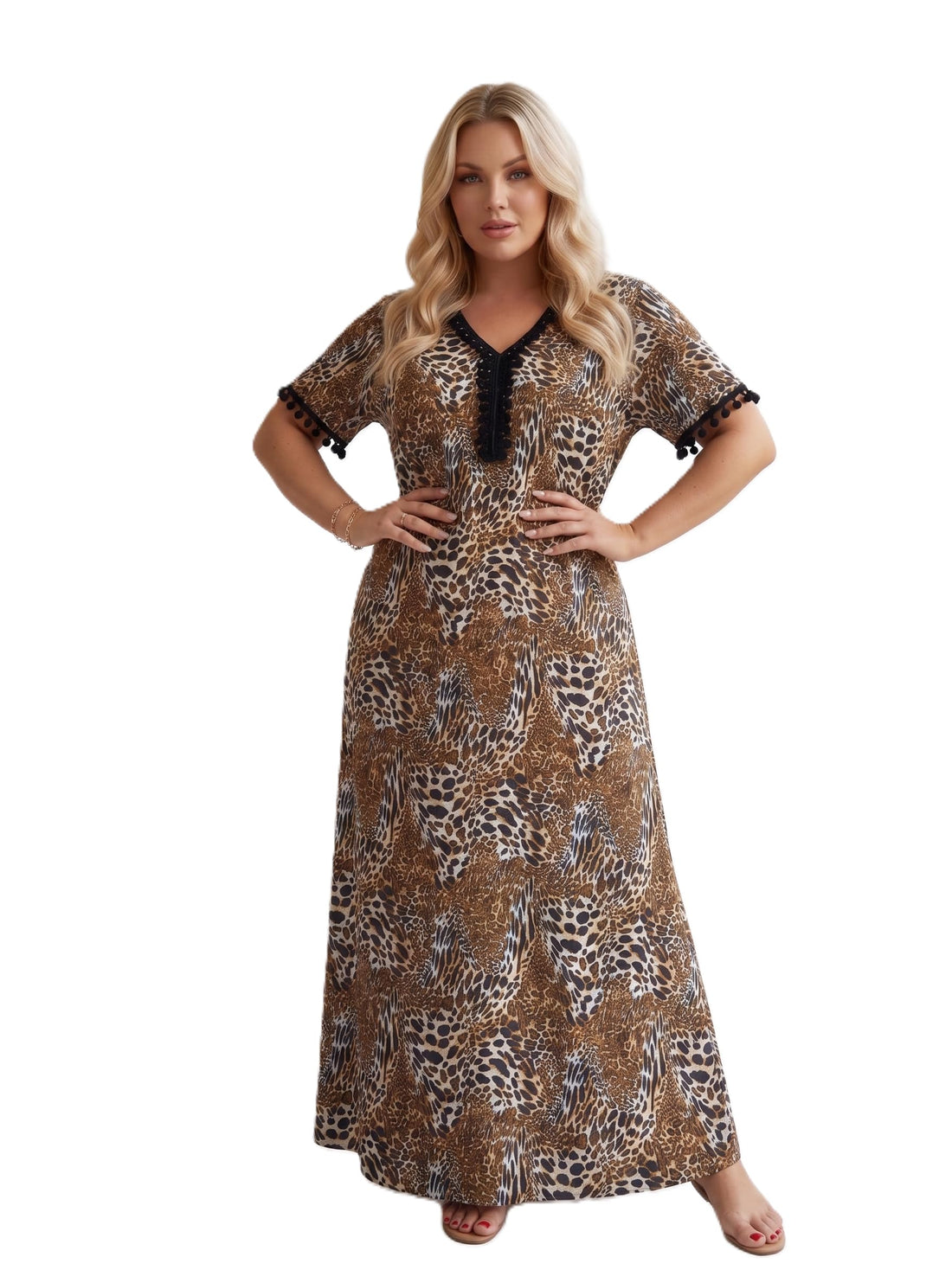 Sundus Homewear Women's Summer Reception Abaya "Cleopatra Tiger" - Ultra Soft Pure Floral Cotton Material - Casual Half Pom Sleeve - Comfy Fit 60 to 90 KG (SONDOS FOR HOMEWEAR)