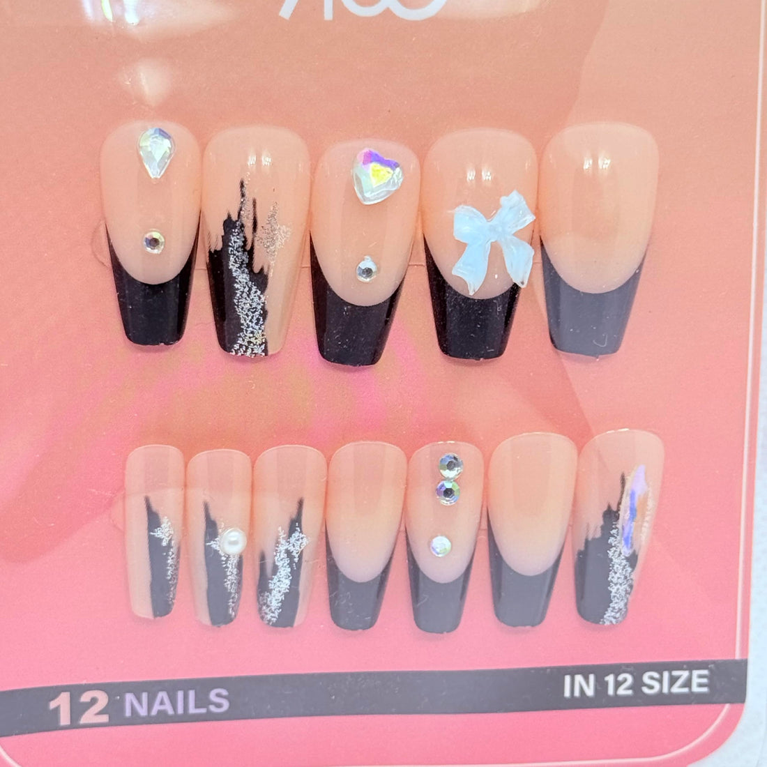 Coffin Press On Nails Set – 12 Designs Fake Nails with Glitter and Rhinestones, Long Glossy Salon Finish, Reusable Press On Nails for Women (Black French & Glitter)