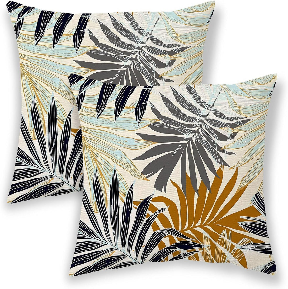 Summer Outdoor Pillow Covers 18x18 Inch 2 Pcs, Tropical Black Brown Teal Palm Leaves Decorative Throw Pillows,Leaf Farmhouse Decor Pillowcase Linen Cushion Cover for Home Couch Sofa Bed